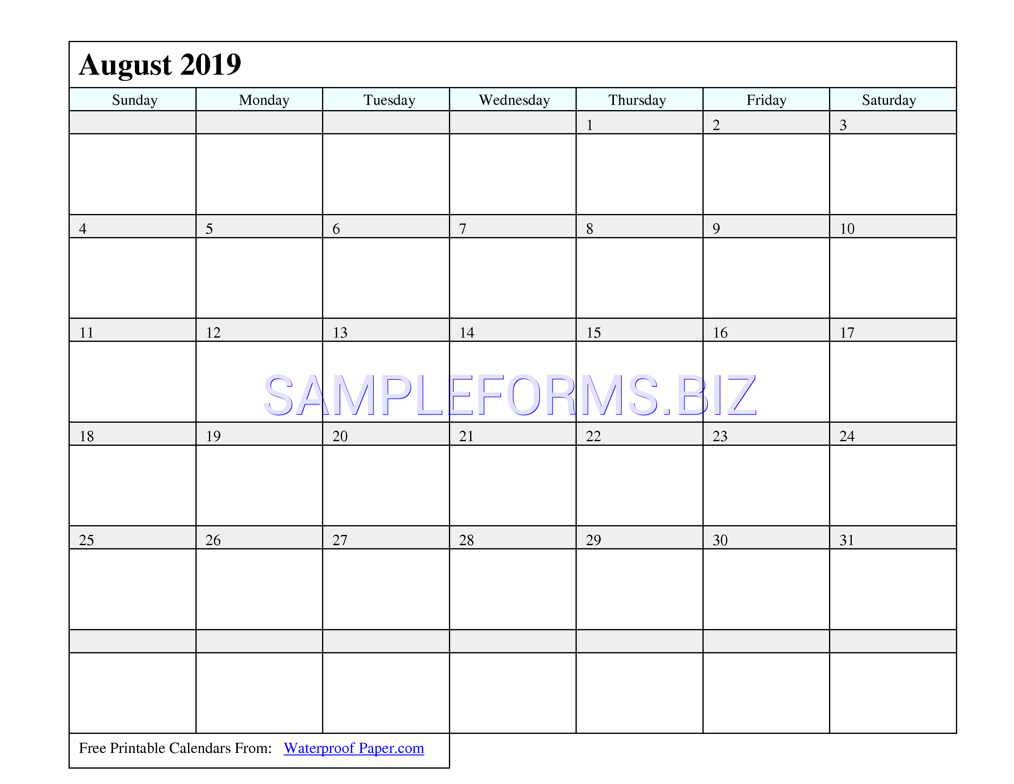 Preview free downloadable August 2019 Calendar 1 in PDF (page 1)